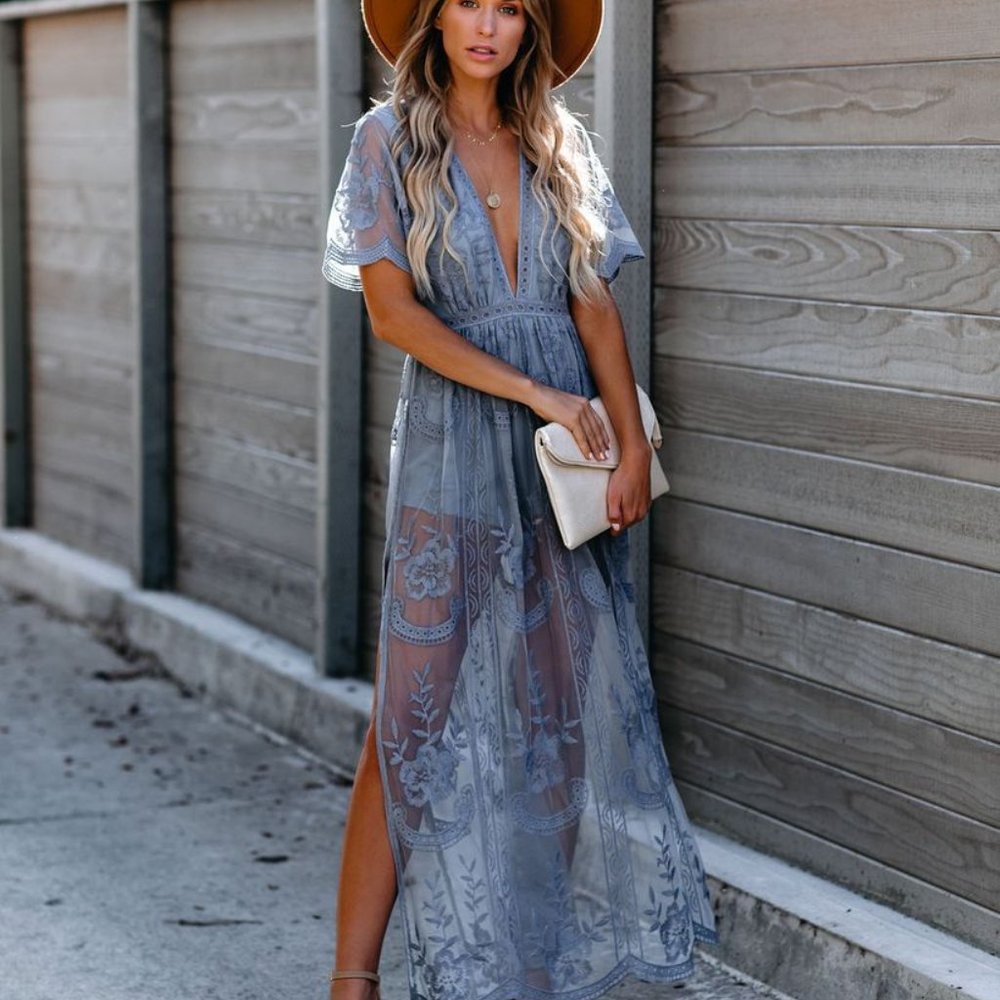 Vici / Honey Punch NWT Thora Lace Maxi Romper Dusty Blue